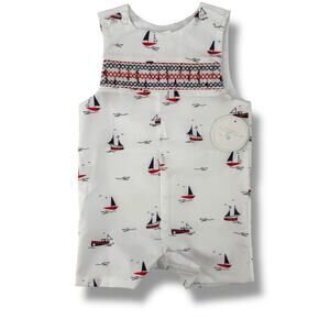 Edgehill Collection Smocked Jon Jon Romper Baby Boy Sz 12 Mo Nautical Sail Boat